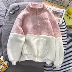 Lamb Velvet Stand Collar Half-Zip Pullover Sweatshirt Fleece-Lined Bellaward Fashions