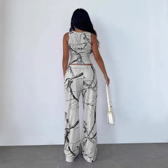 White Abstract Print Ribbed Tank & Pants Set Bellaward Fashions