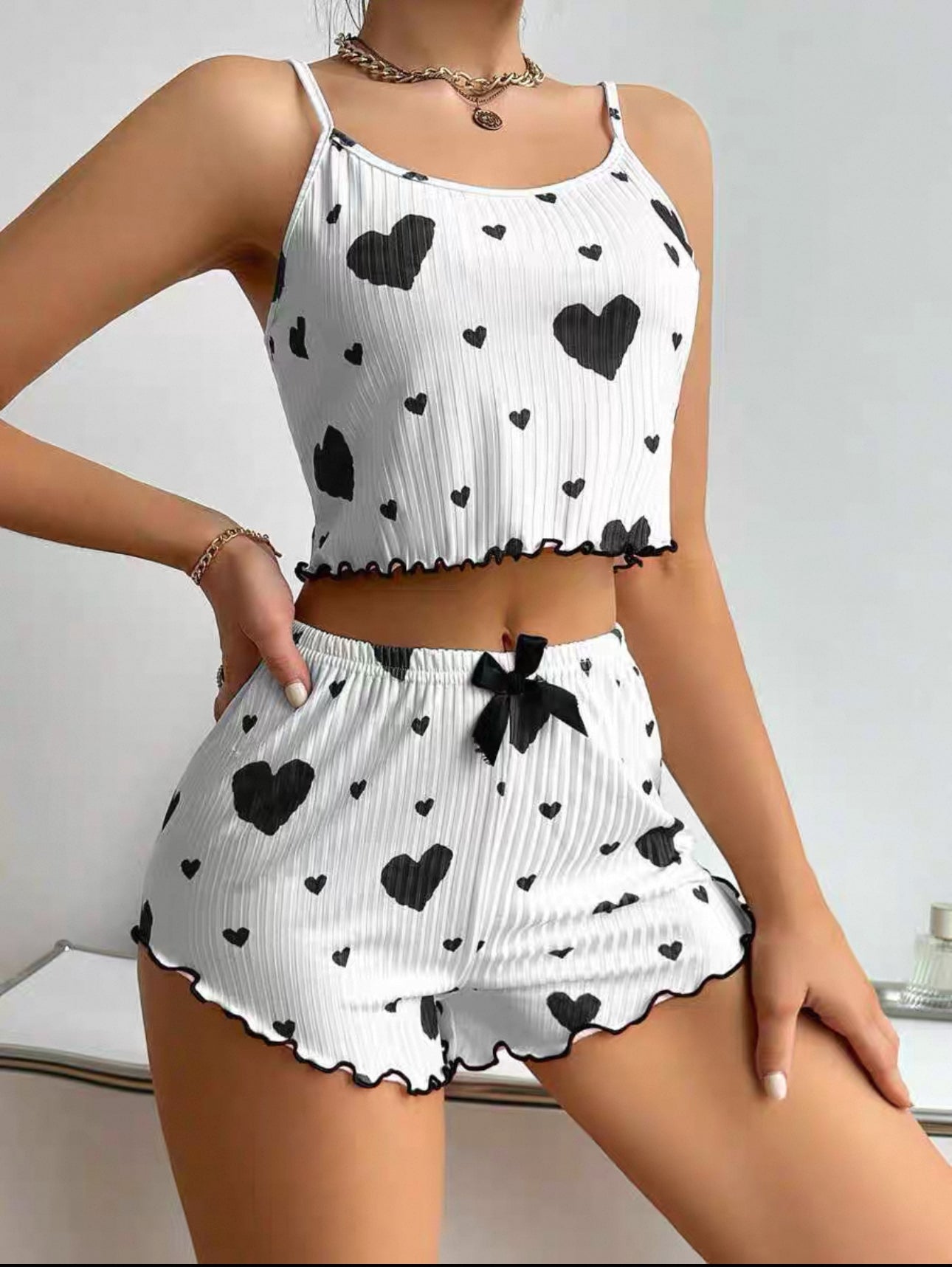 Knitted Hollow Love Print Sweet Suspender Shorts - Bellaward Fashions