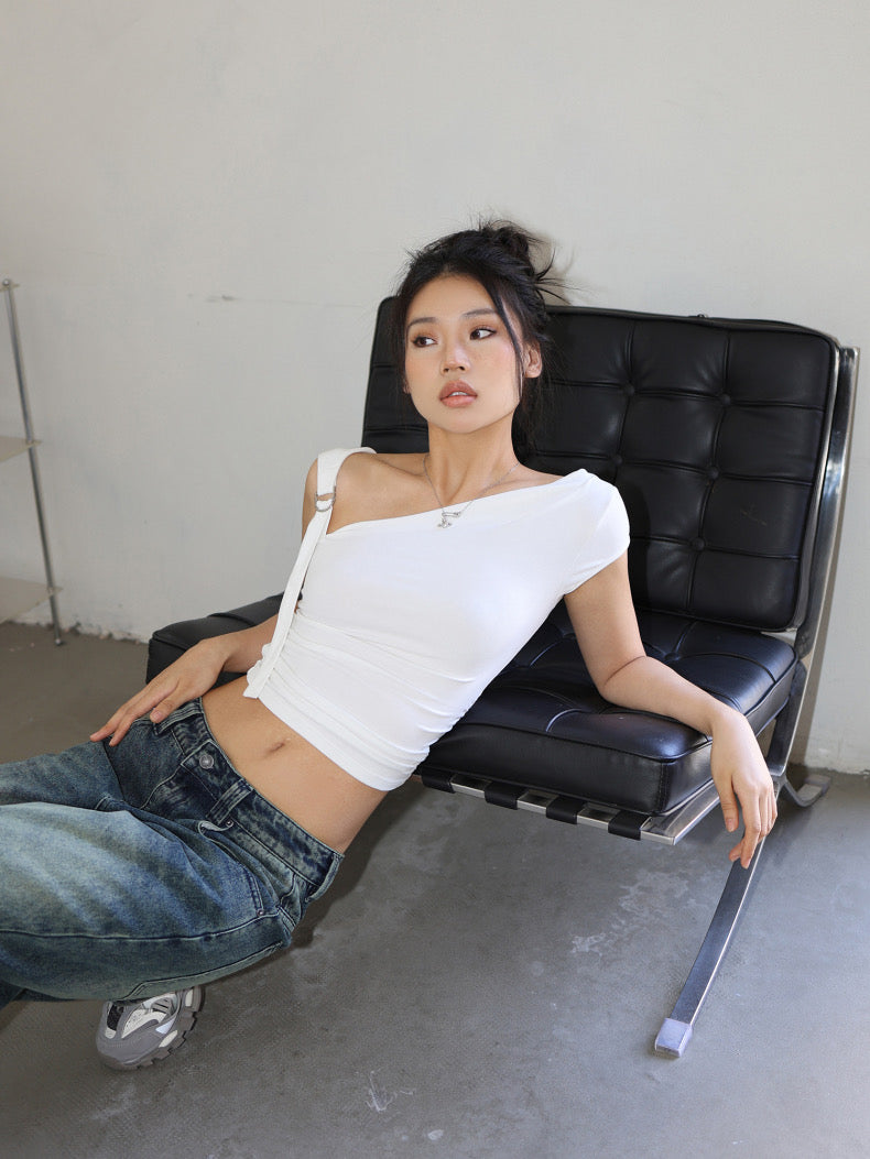 Designed One-Shoulder Silver Button Top - Bellaward Fashions