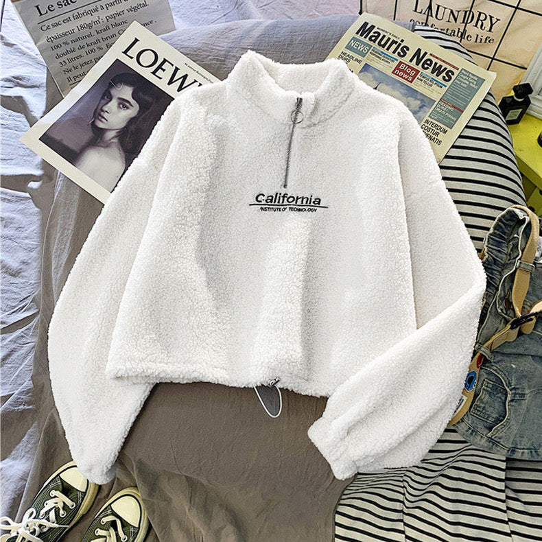 Half Turtleneck Zipper Short Long-Sleeved Outwear for Autumn and Winter Loose Letter Embroidered Cashmere Top with Velvet and Thickeneding - Bellaward Fashions