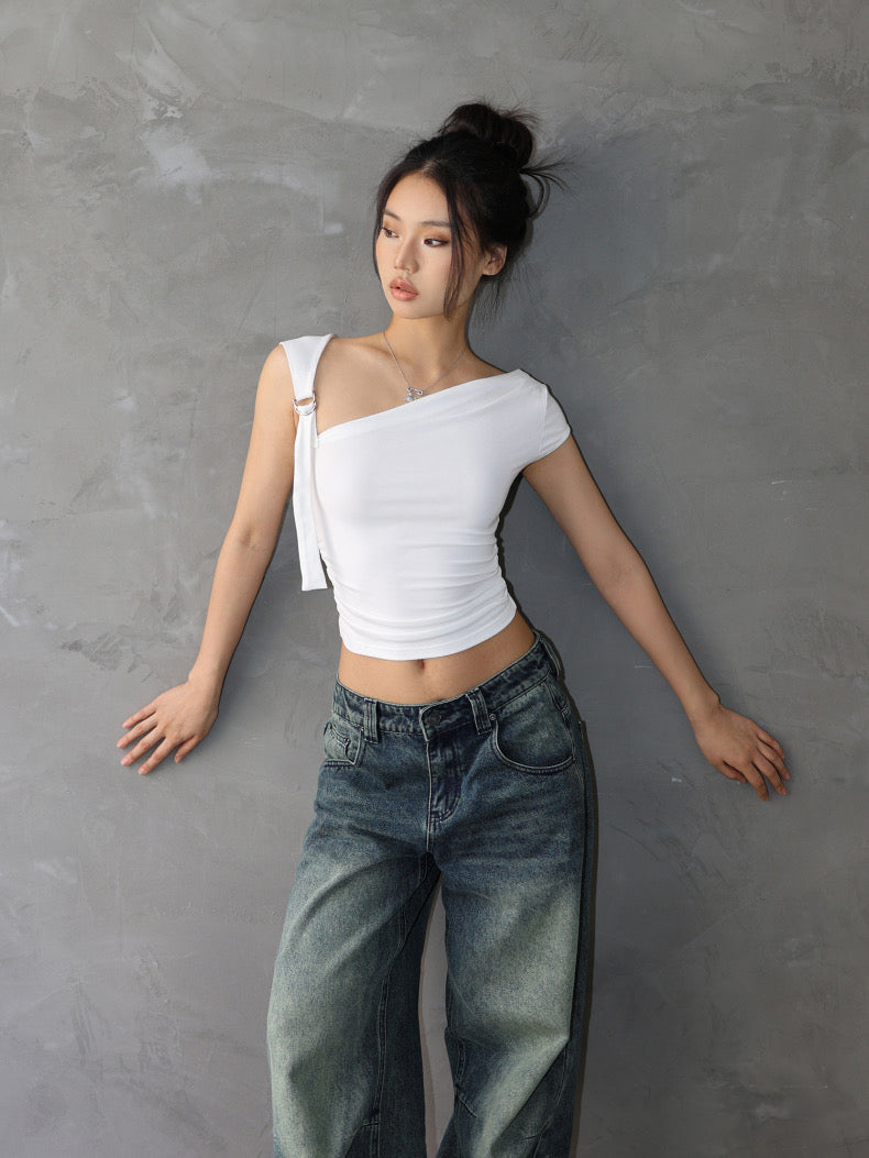 Designed One-Shoulder Silver Button Top - Bellaward Fashions