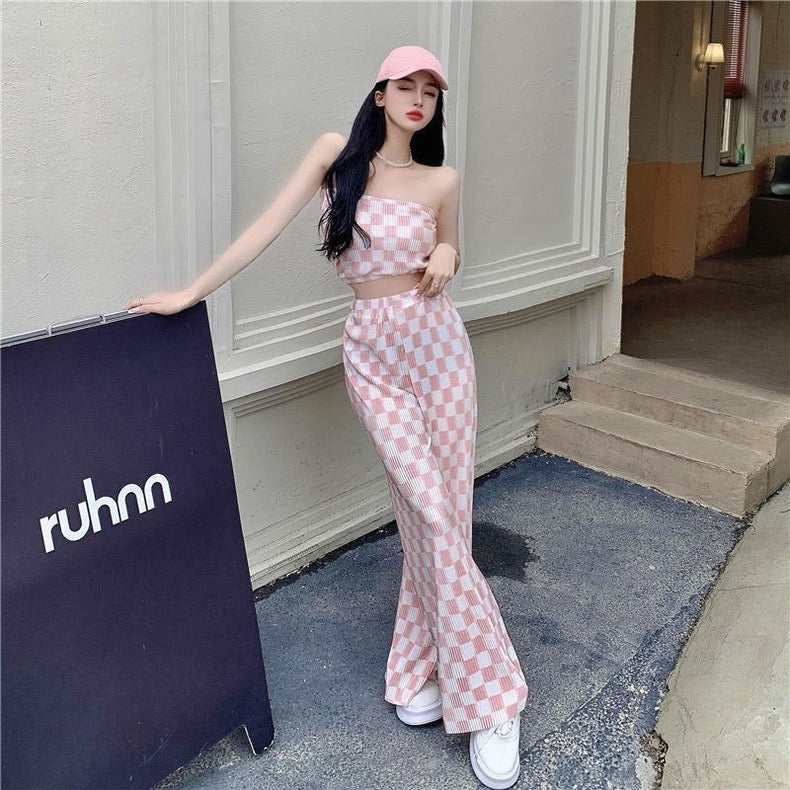 Street-Friendly Sweet and Cool Pink Two-Piece Suit, Tube Top Plaid Casual Wide-Leg Pants - Bellaward Fashions