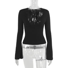 Sexy Lace V-Neck T-Shirt New Waist Long-Sleeved Top - Bellaward Fashions