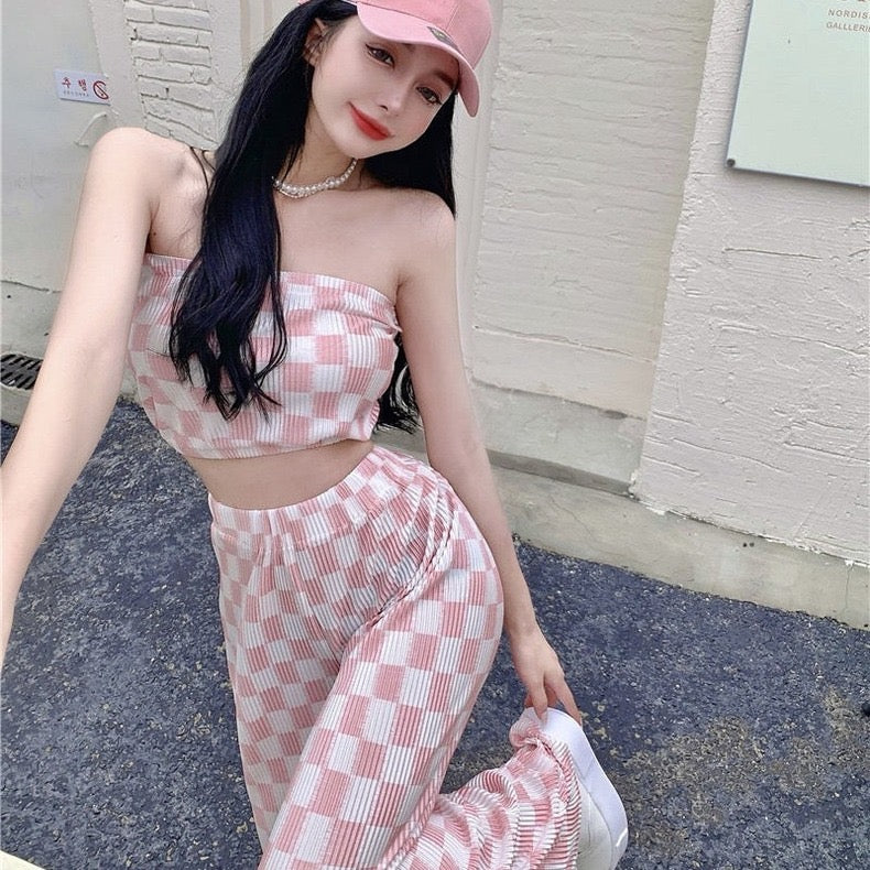 Street-Friendly Sweet and Cool Pink Two-Piece Suit, Tube Top Plaid Casual Wide-Leg Pants - Bellaward Fashions