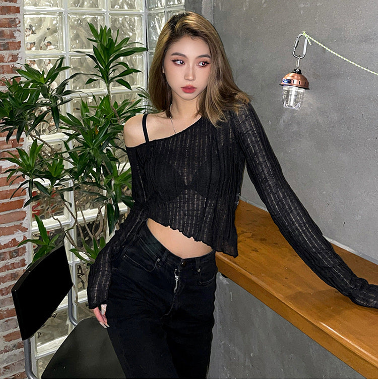 Sweet and Spicy Style Black Slightly See-Through Mesh Blouse with Elegant Slant Collar and Off-Shoulder Long-Sleeved Short Top - Bellaward Fashions