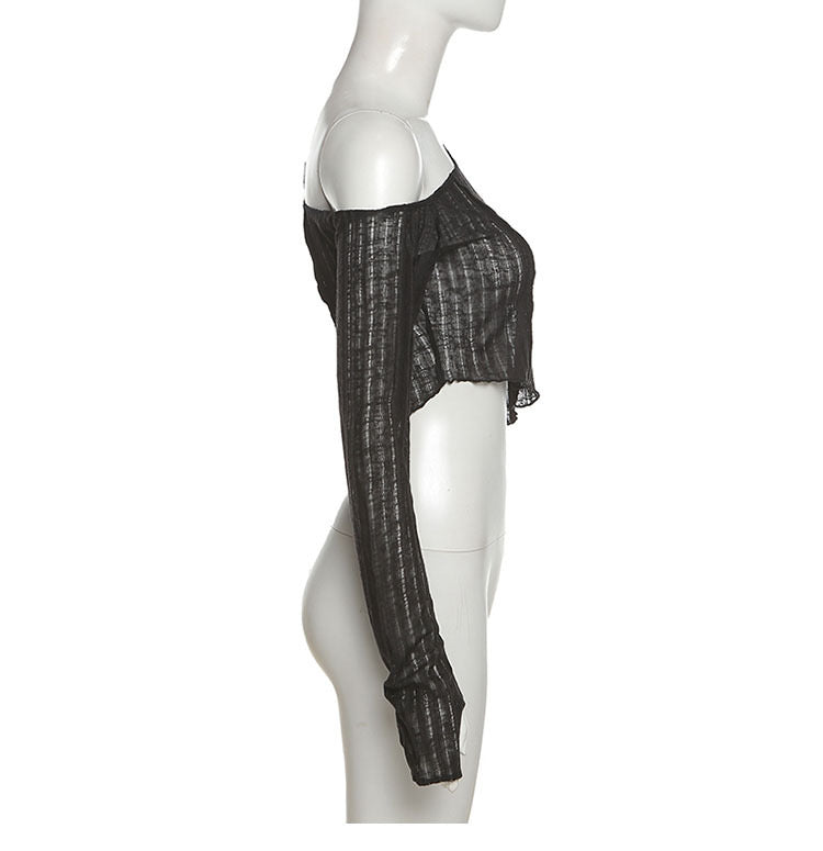 Sweet and Spicy Style Black Slightly See-Through Mesh Blouse with Elegant Slant Collar and Off-Shoulder Long-Sleeved Short Top - Bellaward Fashions