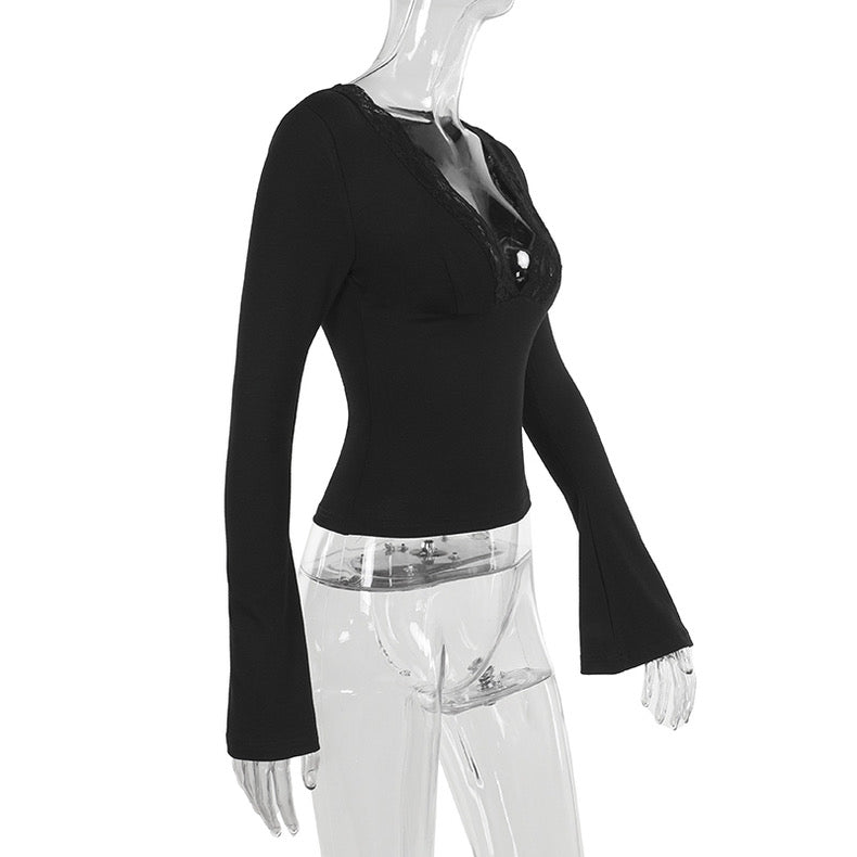 Sexy Lace V-Neck T-Shirt New Waist Long-Sleeved Top - Bellaward Fashions