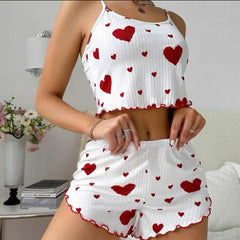 Knitted Hollow Love Print Sweet Suspender Shorts - Bellaward Fashions