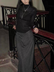 Striped Skirt, Vintage Bias Cut, High Waist Slit Skirt