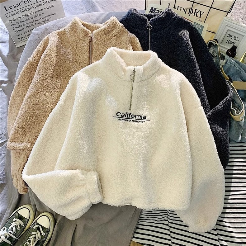 Half Turtleneck Zipper Short Long-Sleeved Outwear for Autumn and Winter Loose Letter Embroidered Cashmere Top with Velvet and Thickeneding - Bellaward Fashions