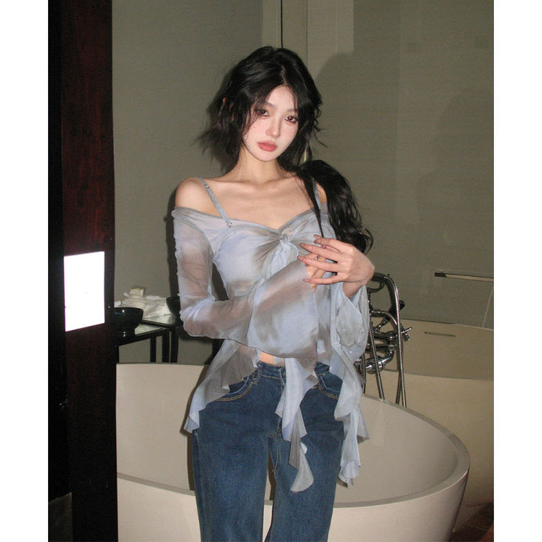 Tie-Dye Mesh Long-Sleeved Off-Shoulder V Neck Suspender Shirt - Bellaward Fashions