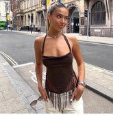 Brown Halter Crop Top with Macramé Fringe Bellaward Fashions
