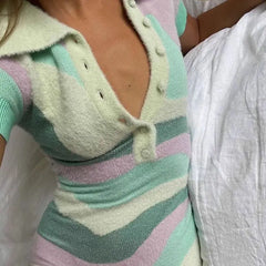 Pastel Striped Fuzzy Knit Polo Set - Mint & Lavender Bellaward Fashions