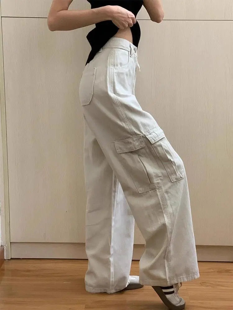 High Street Sand White Wide Leg Denim American Retro Loose Casual Straight-Leg Floor-Mopping Long Pants Bellaward Fashions