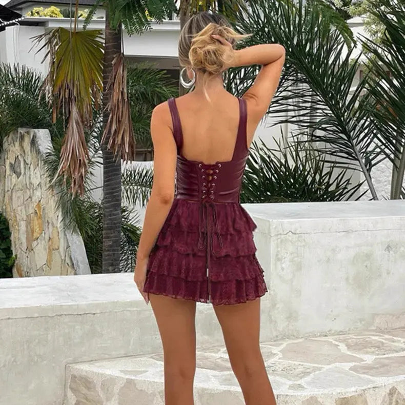 Spicy Girl Two-Piece Dress Set, Leather Corset Strap + Lace Tube Top Tiered Dress Bellaward