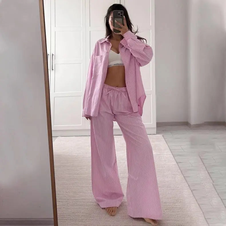 New Casual Loose Striped Shirt and Pants Two-Piece Set Bellaward