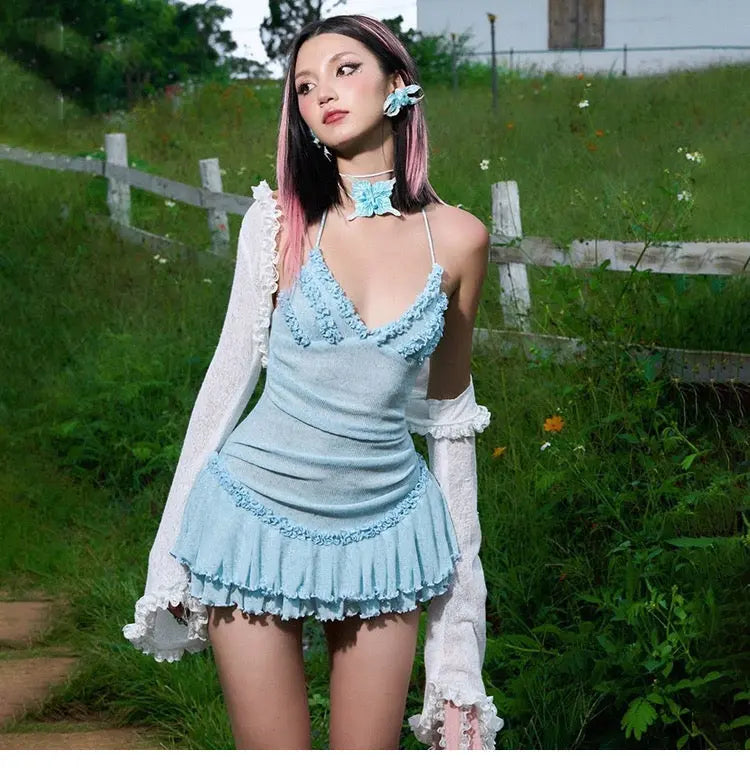 Pure Lust Girly Suspender Dress with Long-Sleeved Blouse Slimming Look - Bellaward Fashions