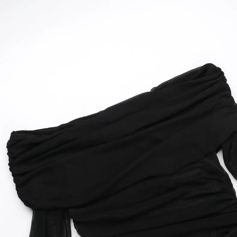 New Black Long skirt One-Shoulder Mesh Cut Out Dress - Bellaward Fashions