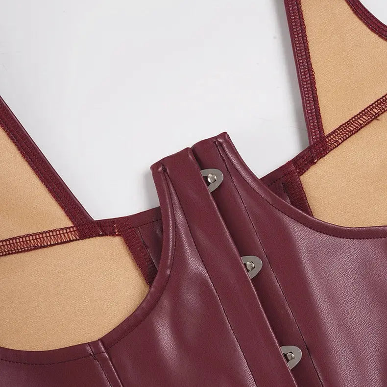 Spicy Girl Two-Piece Dress Set, Leather Corset Strap + Lace Tube Top Tiered Dress Bellaward