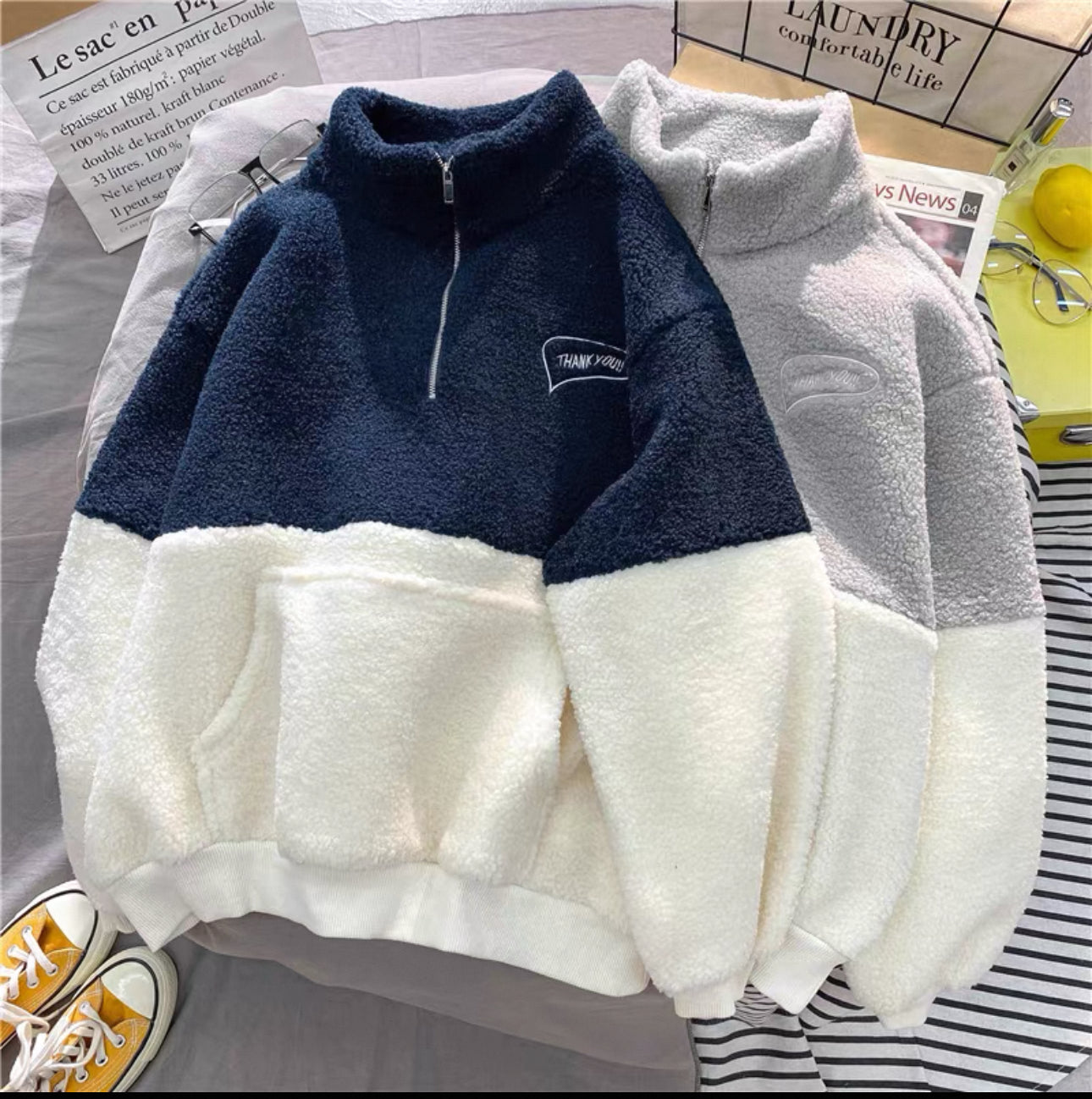 Lamb Velvet Stand Collar Half-Zip Pullover Sweatshirt Fleece-Lined - Bellaward Fashions