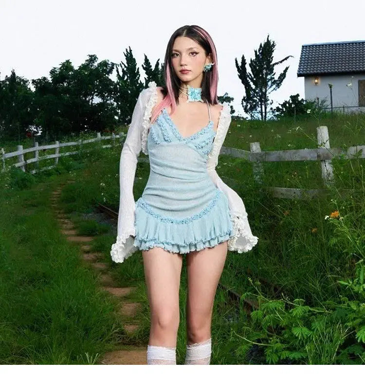 Pure Lust Girly Suspender Dress with Long-Sleeved Blouse Slimming Look - Bellaward Fashions