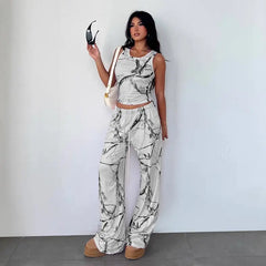 White Abstract Print Ribbed Tank & Pants Set Bellaward Fashions