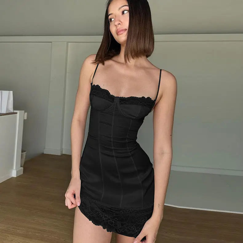 Silk Suspender Skirt, Lace Splicing, Hip-Covering Dress - Bellaward Fashions