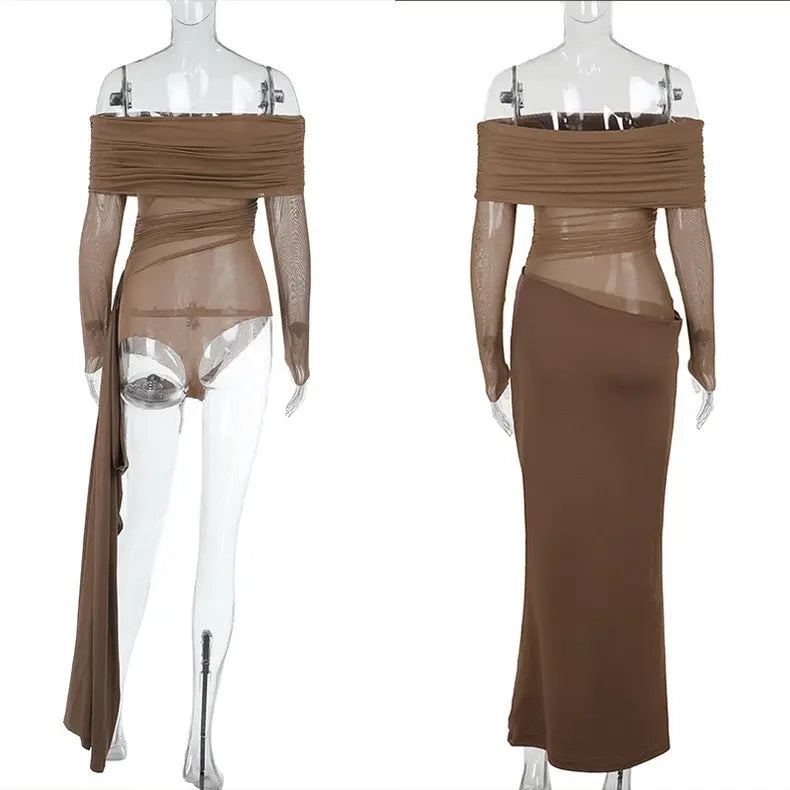 New Black Long skirt One-Shoulder Mesh Cut Out Dress - Bellaward Fashions