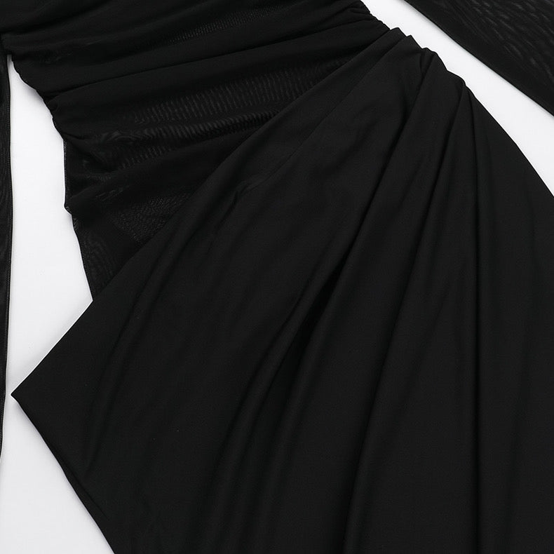 New Black Long skirt One-Shoulder Mesh Cut Out Dress - Bellaward Fashions