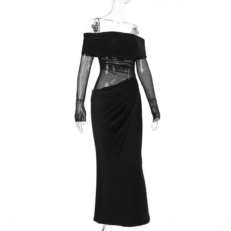 New Black Long skirt One-Shoulder Mesh Cut Out Dress - Bellaward Fashions