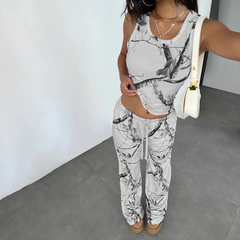 White Abstract Print Ribbed Tank & Pants Set Bellaward Fashions