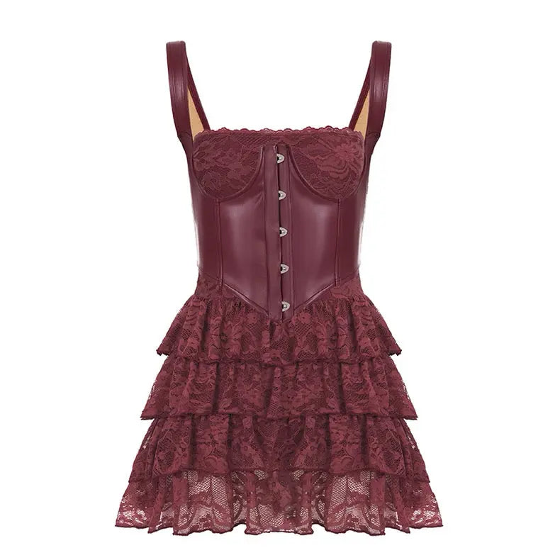 Spicy Girl Two-Piece Dress Set, Leather Corset Strap + Lace Tube Top Tiered Dress Bellaward