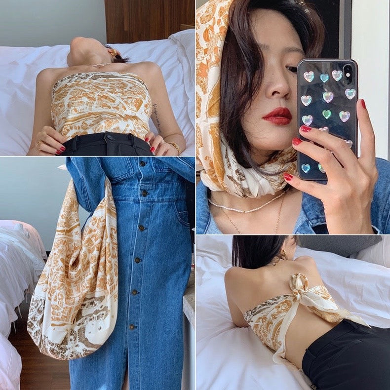 [90cm Large Square Scarf] French Retro Niche Tube Top Silk Scarf Elegant Sun Protection Shawl - Bellaward Fashions