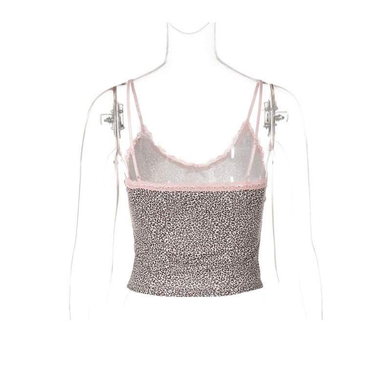 Contrasting Leopard Printed Camisole Lace Splicing V Neck Short Top - Bellaward Fashions