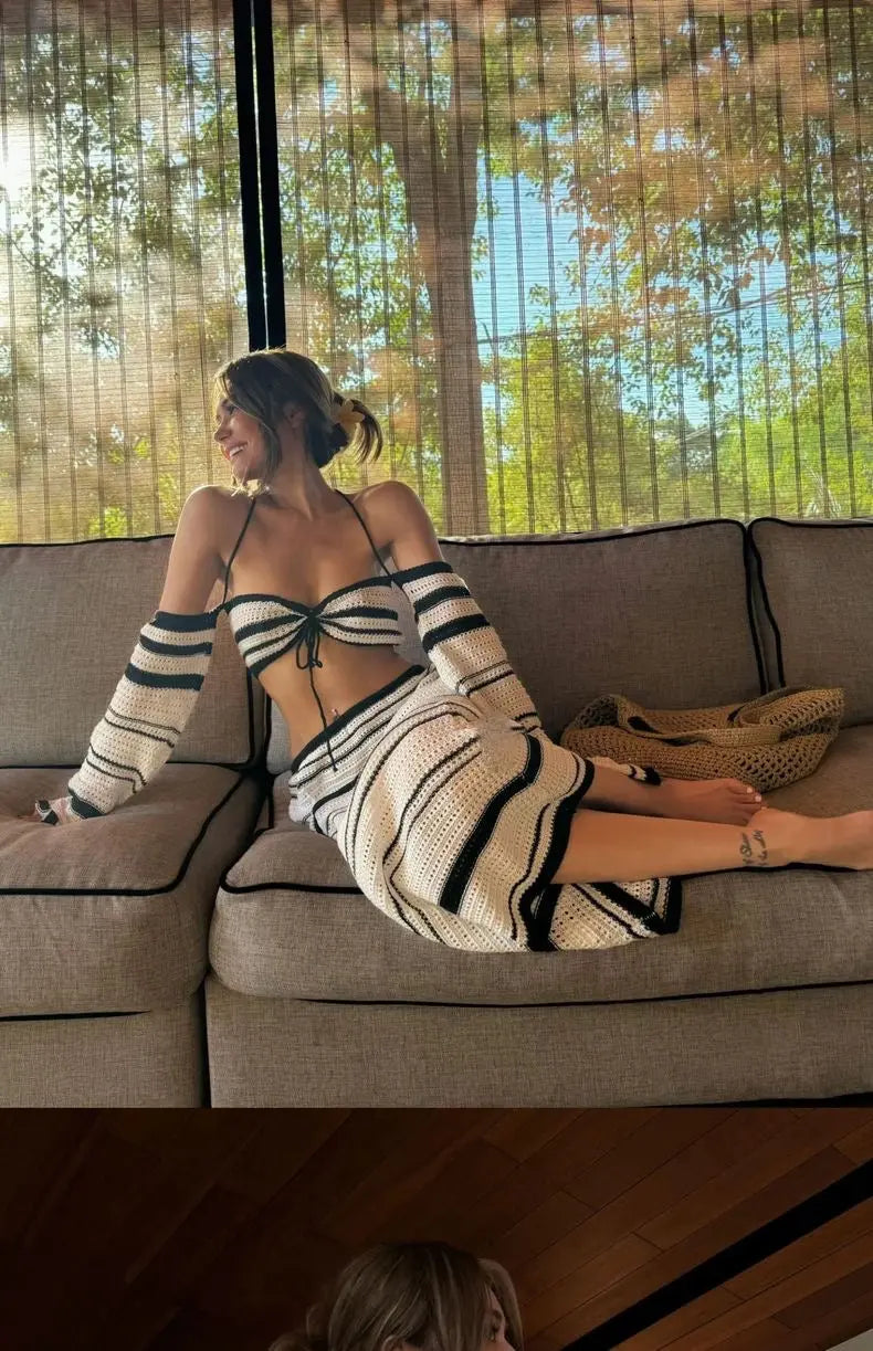 Halter Neck Tube Top/Covering Skirt Stripesd Knitted Sexy Seaside Vacation Two-Piece Set - Bellaward Fashions