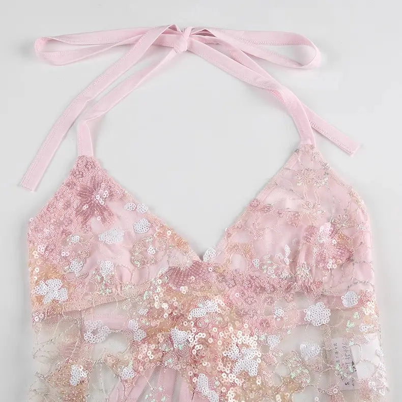 Halter Neck Camisole Lace/Sequin Patchwork Top Bellaward Fashions