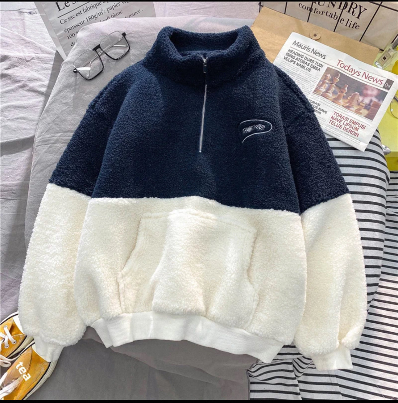 Lamb Velvet Stand Collar Half-Zip Pullover Sweatshirt Fleece-Lined - Bellaward Fashions