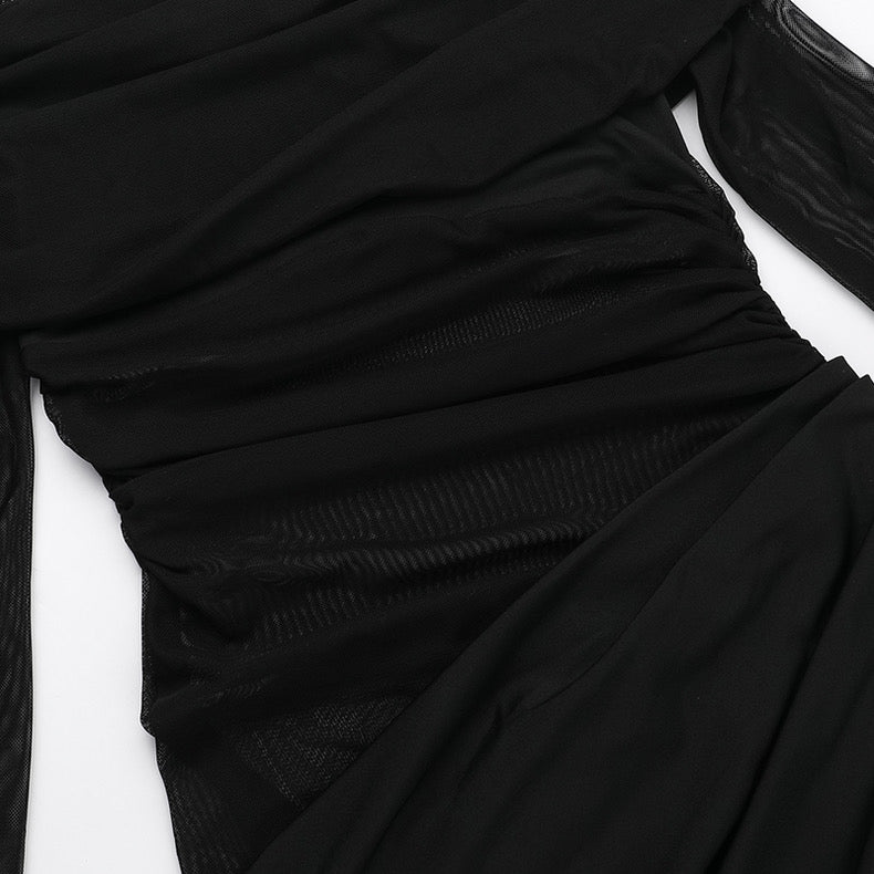 New Black Long skirt One-Shoulder Mesh Cut Out Dress - Bellaward Fashions