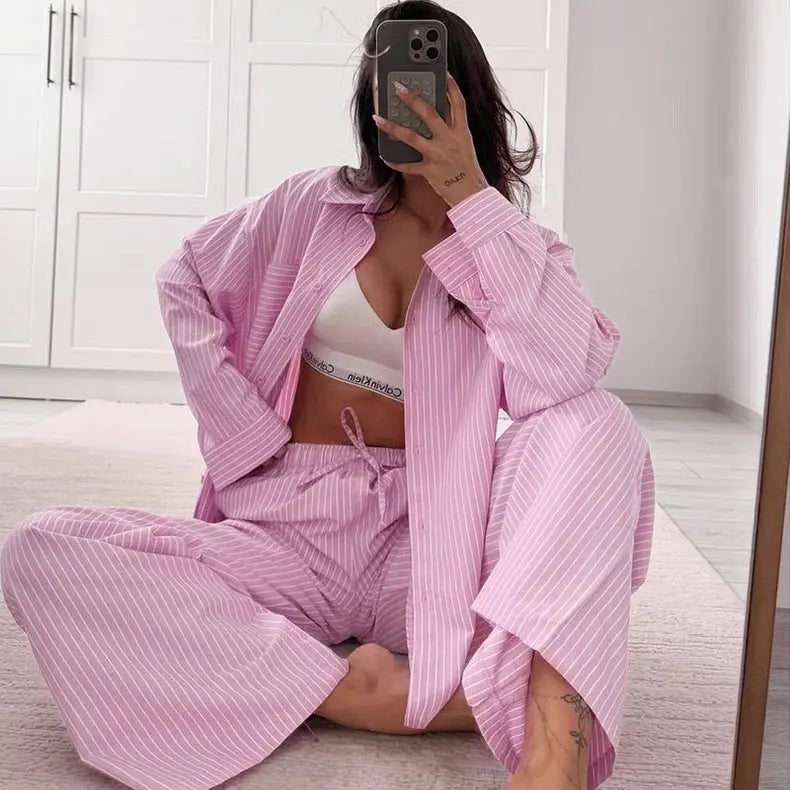 New Casual Loose Striped Shirt and Pants Two-Piece Set Bellaward