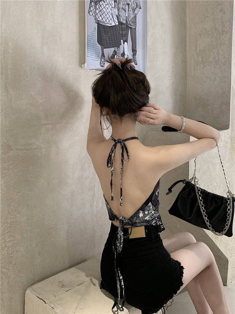 Outer Wear Designed Retro Pattern Backless Lace-Up Inner Suspender Top - Bellaward Fashions