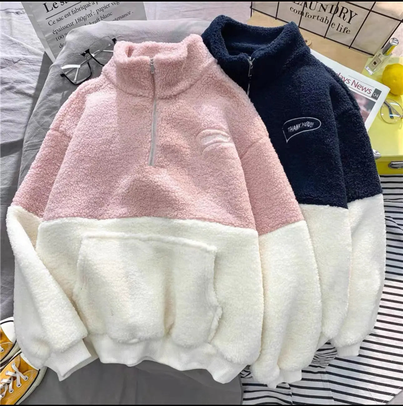 Lamb Velvet Stand Collar Half-Zip Pullover Sweatshirt Fleece-Lined Bellaward Fashions