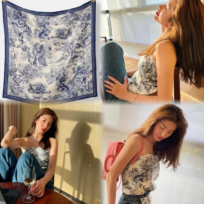 [90cm Large Square Scarf] French Retro Niche Tube Top Silk Scarf Elegant Sun Protection Shawl - Bellaward Fashions
