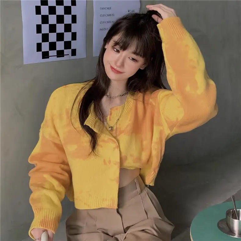 Tie-Dye Knitted Yellow Jacket Bellaward