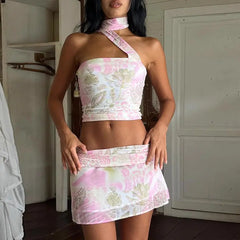 Floral Outfit Pink Tube Top with Neck Tie + Hip-Hugging Skirt Two-Piece Set Bellaward