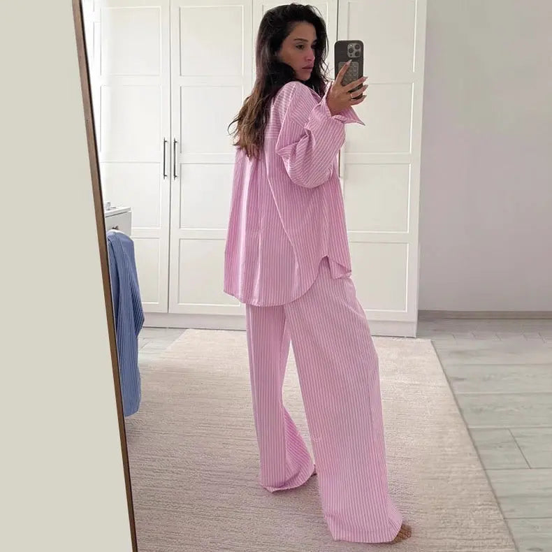 New Casual Loose Striped Shirt and Pants Two-Piece Set Bellaward