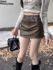 Pu Leather Half-Length Skirt high Waist Slimming Look Hip A-Line Skirt - Bellaward Fashions
