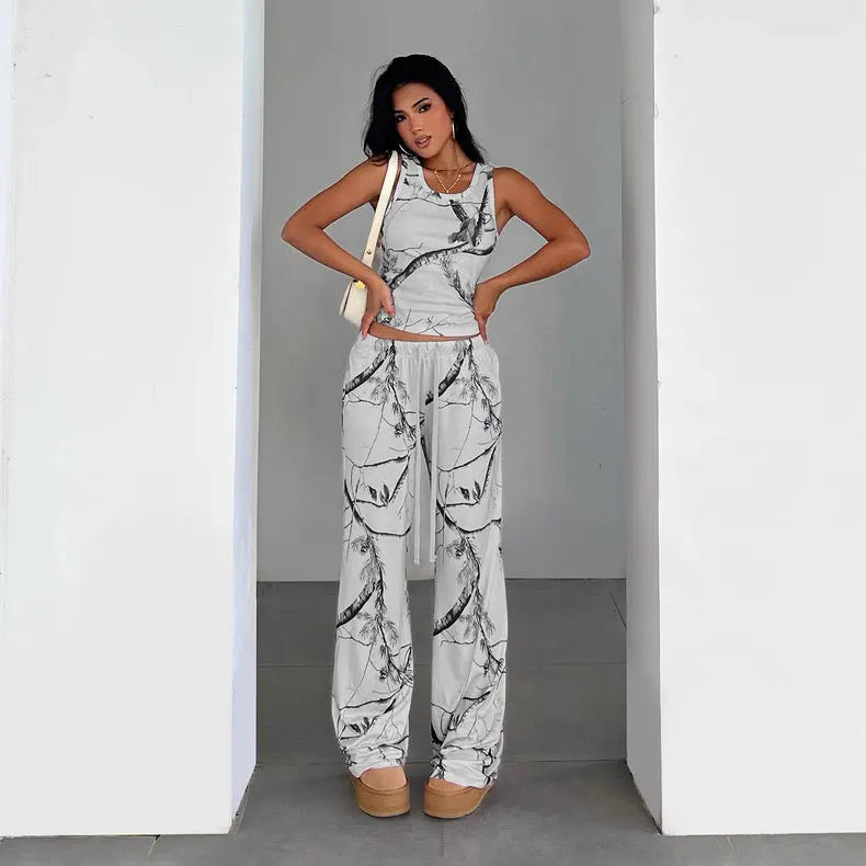 White Abstract Print Ribbed Tank & Pants Set Bellaward Fashions