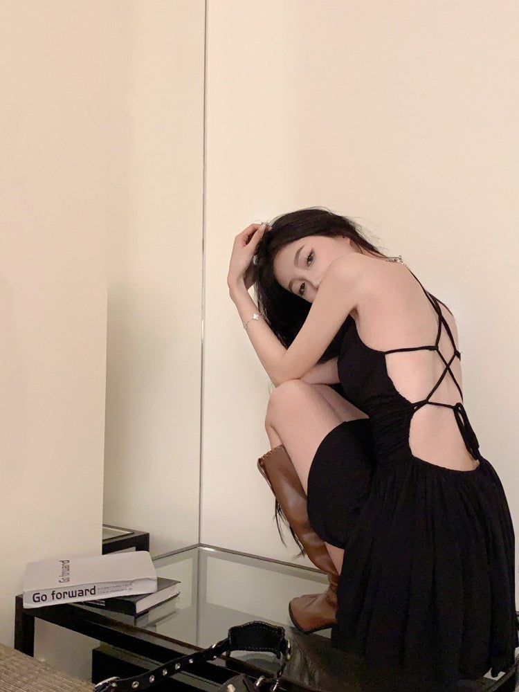 Pure Desire Ballet Style Black Backless Pleated Suspender Dress - Bellaward Fashions