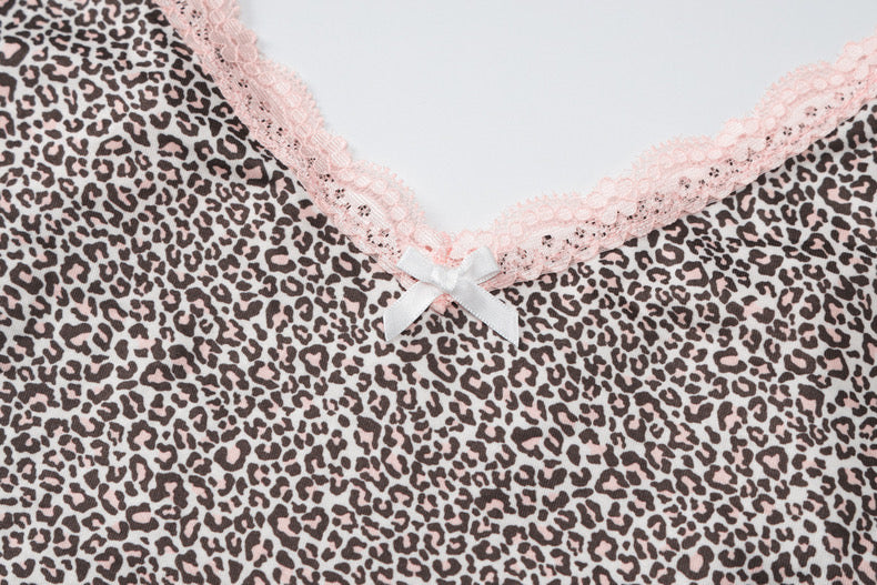 Contrasting Leopard Printed Camisole Lace Splicing V Neck Short Top - Bellaward Fashions